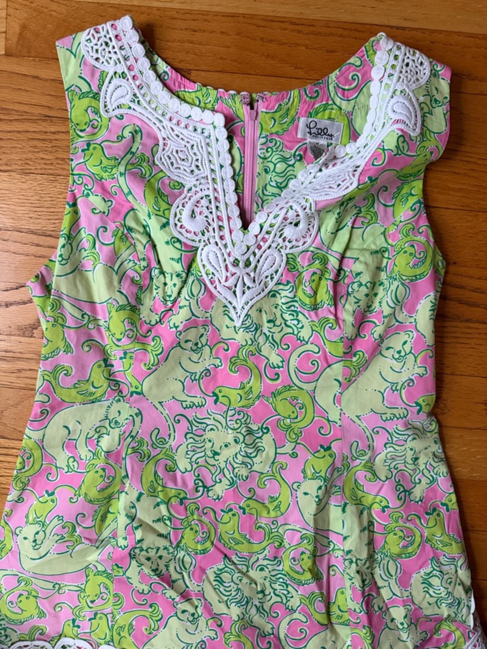 Lilly Pulitzer Pink & Lime Printed Sleeveless Dress with White Lace V-Neck